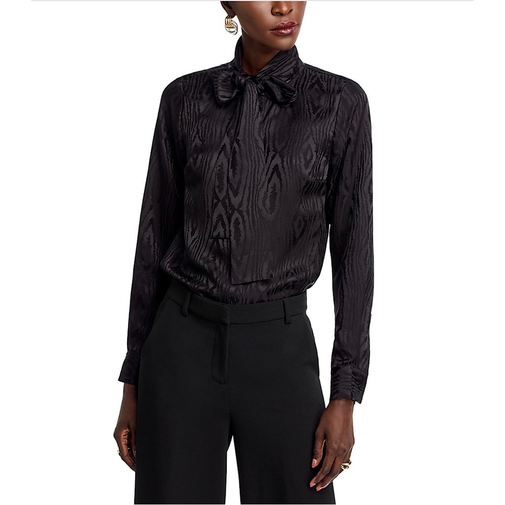 Women's Black Satin Tie-Neck Blouse